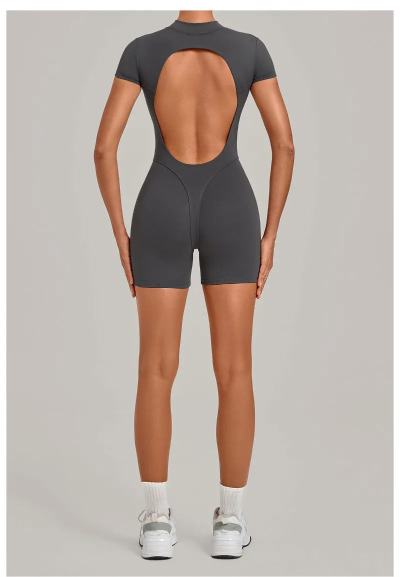 Women's Seamless Yoga Jumpsuits Sports Fitness Hip-lifting Short-sleeved Backless Training Workout Gym Shorts One-piece