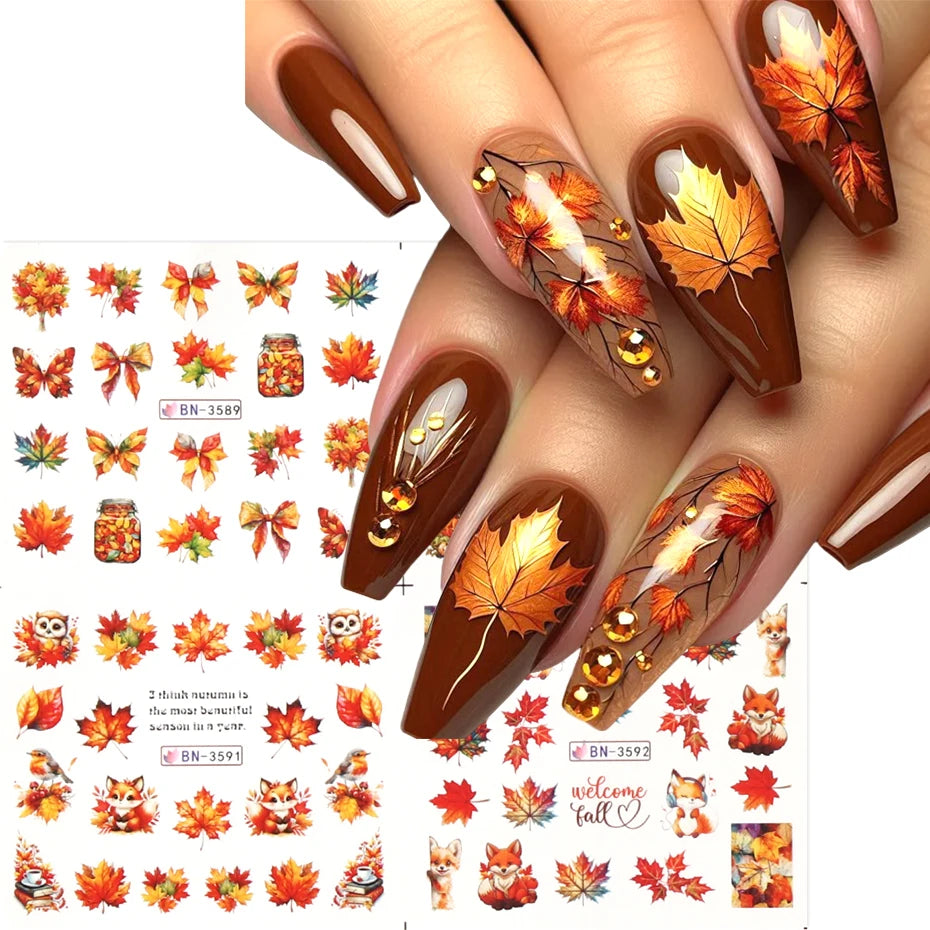 Autumn Maple Leaves Nail Art Stickers Sliders Hedgehog Squirrel  Fall Leaf Turkey Nail Water Transfer Sticker Decal Decorations