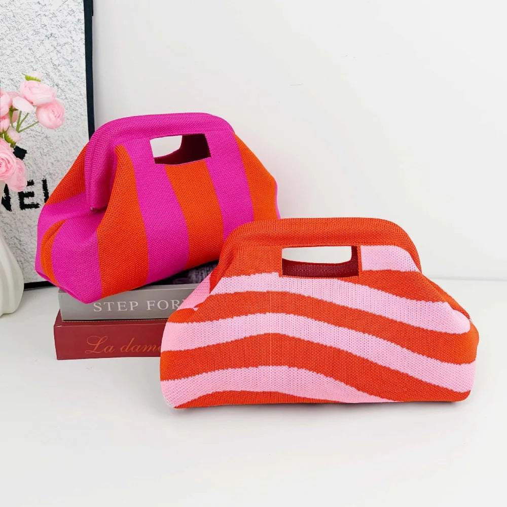 New Woven Bag Hollow-Out Striped Knitted Handbag Fly-Knitted Cloud Versatile Portable Cosmetic Bag