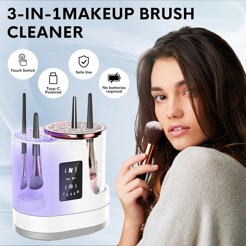 3 IN 1 Electric Makeup Brush Cleaner Machine with Makeup Brush Dryer for All Size Beauty Makeup Brush Cosmetic Tools Fast Drying