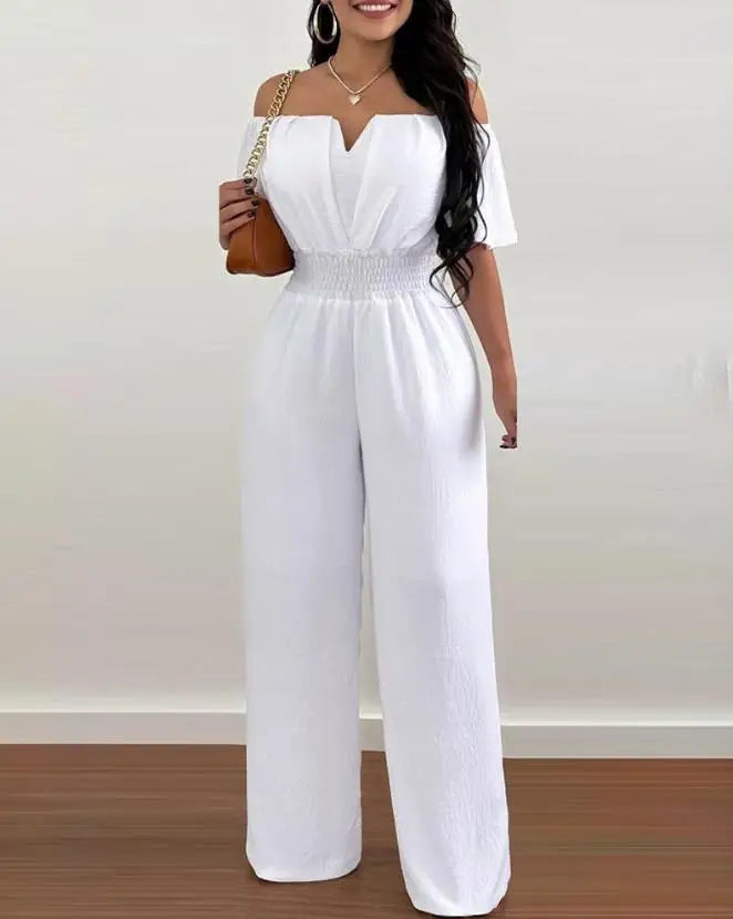 Jumpsuits for Women 2025 Spring Fashion Off Shoulder Casual Plain Short Sleeve Shirred Waist Daily Long Wide Leg Jumpsuit 2025