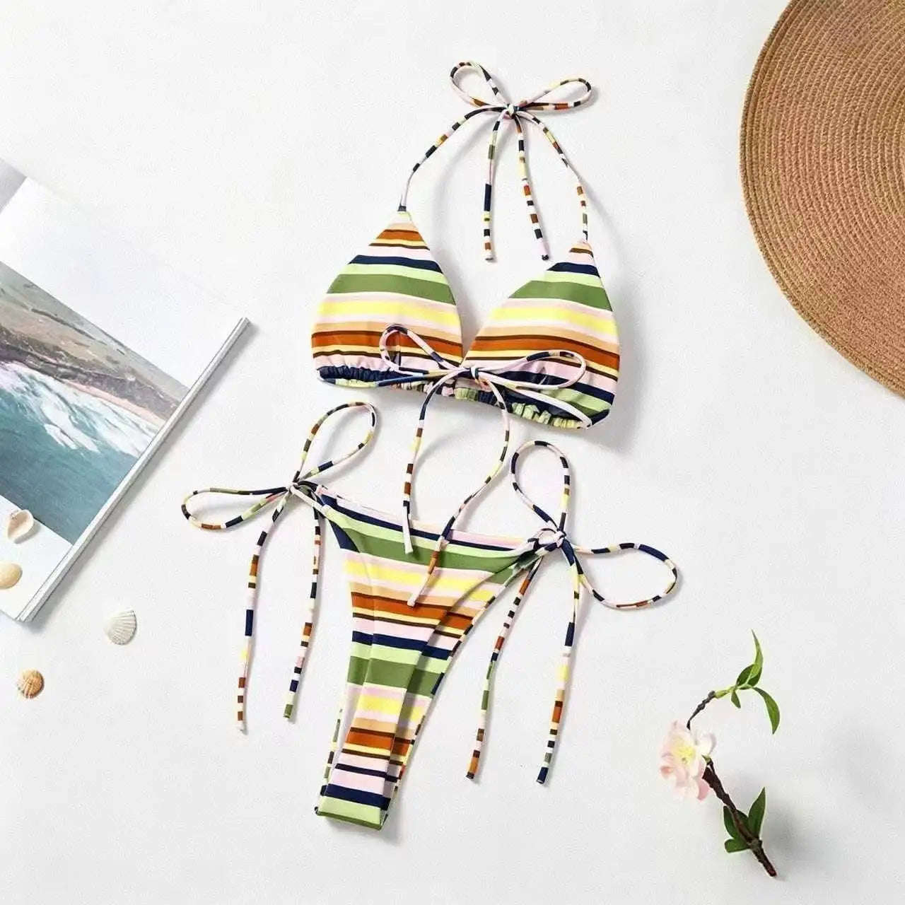 Women's Sexy Retro Striped Triangle Bikini Set 2026 New Tie Side Halter Neck Swimsuit Beach Vacation Bathing Suit