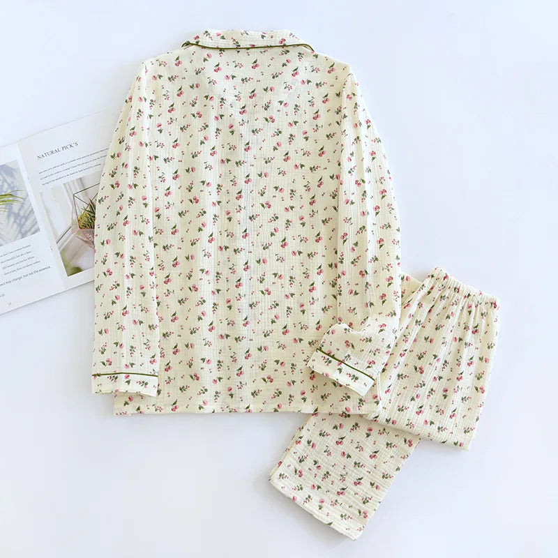 2026 Spring and Autumn Women's Pajama Set 100% Cotton Crepe Long sleeved Pants Two piece Cute and Sweet Home Fury Set Ladies