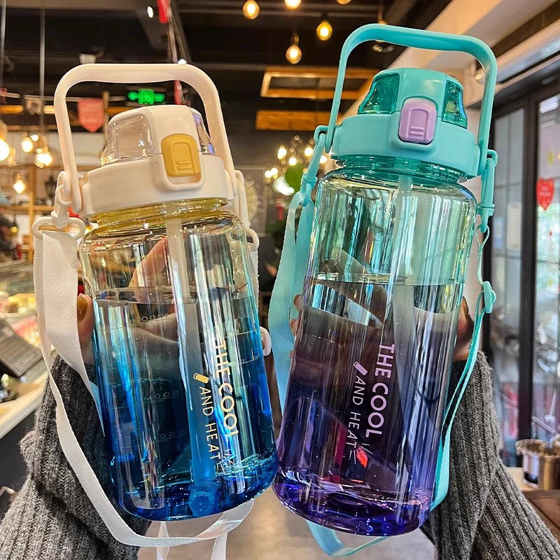 1.5/2 Liter Water Bottle Portable Plastic Sports Bottle With Straw Strap Large Tumbler Gym Travel Juice Drinking Bottle BPA Free