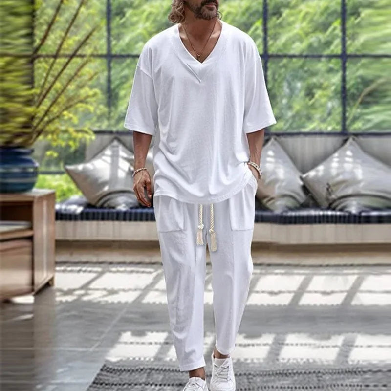 2026 Men Two Piece Sets Fashion Solid Tracksuits Summer Half Sleeve V-neck T-Shirt and Pants Loose Casual Outfit Male Streetwear