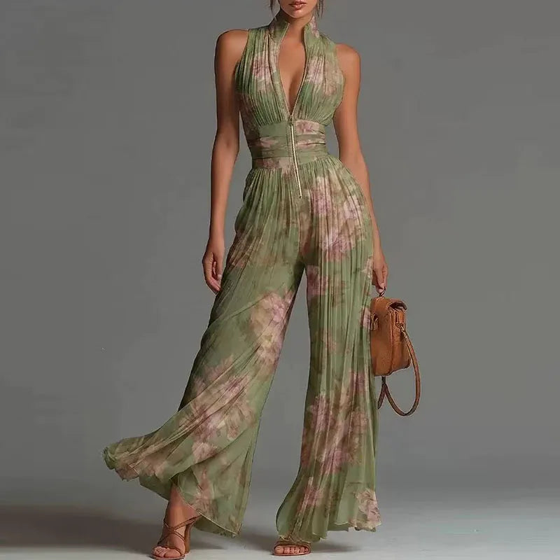 Sexy Deep V Neck Hollow Zip Jumpsuit Women's Spring Solid High Waist Wide Leg Romper Summer Sleeveless Pleated Vacation Overalls
