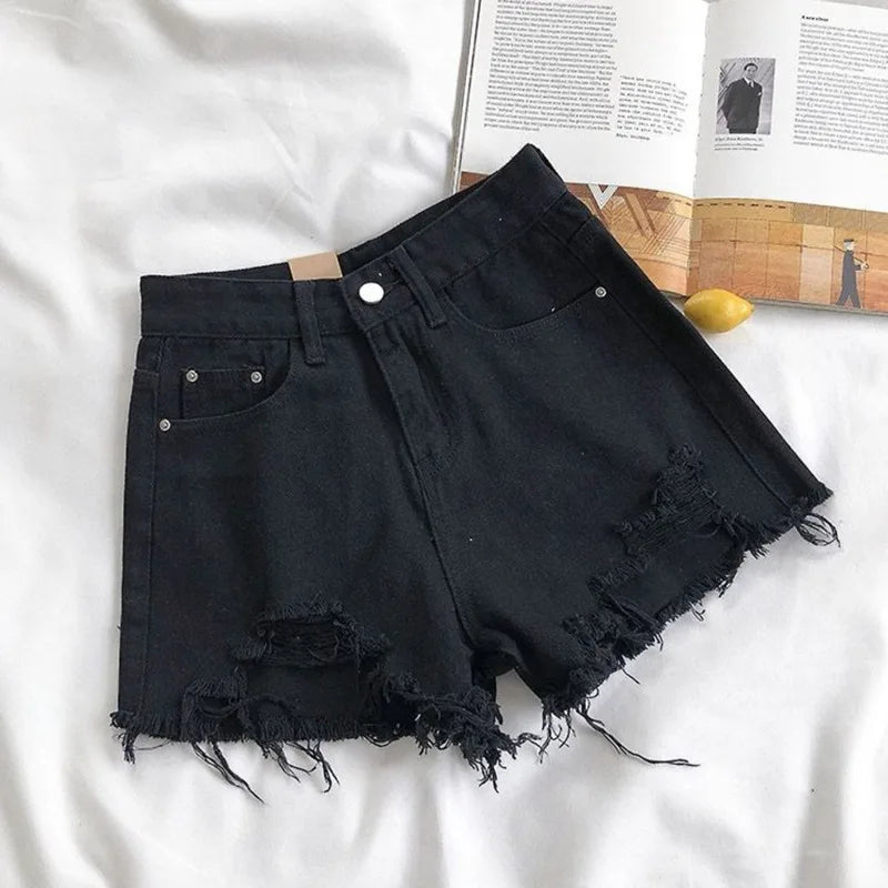 Women High Waist Ripped Denim Shorts Korean Y2K Streetwear Tassel Pocket Summer Casual Blue Jeans Pants Fashion Street Trousers