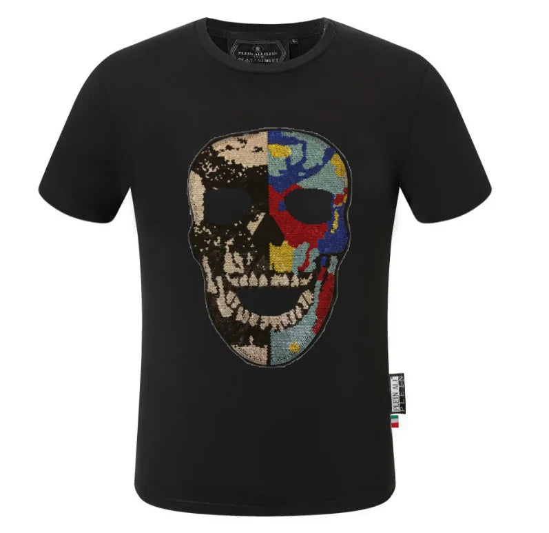 2025 Summer New Luxury Men's Fashion Skull Design Rhinestones T-Shirt Pure Cotton Crew-Neck Casual High Quality