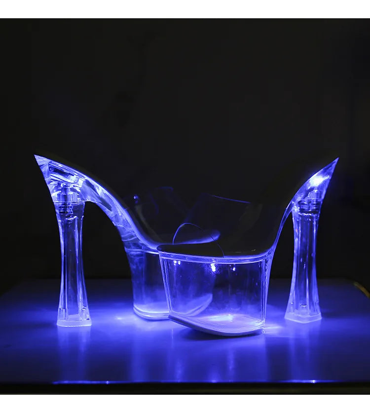 Glowing Crystal High Heels 17cm Nightclub Shoes Sexy Transparent Waterproof Platform Showgirl Stiletto Women's Sandals
