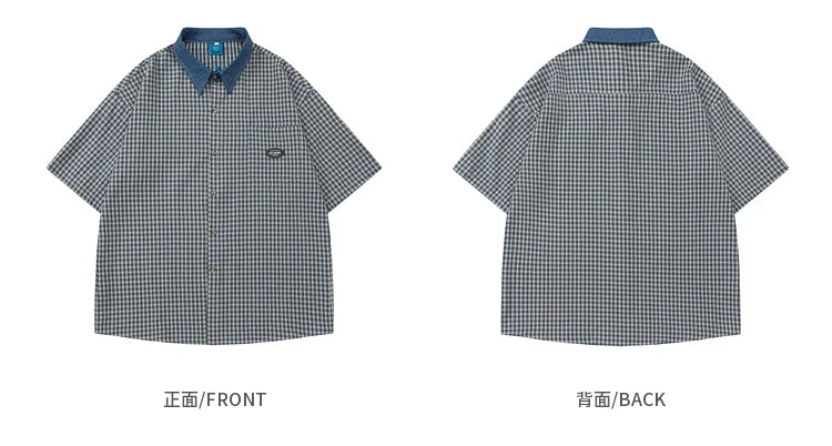 Sycpman American Style Retro Contrast Checkered Short Sleeved Shirts for Men and Women Trendy Loose Casual Shirt
