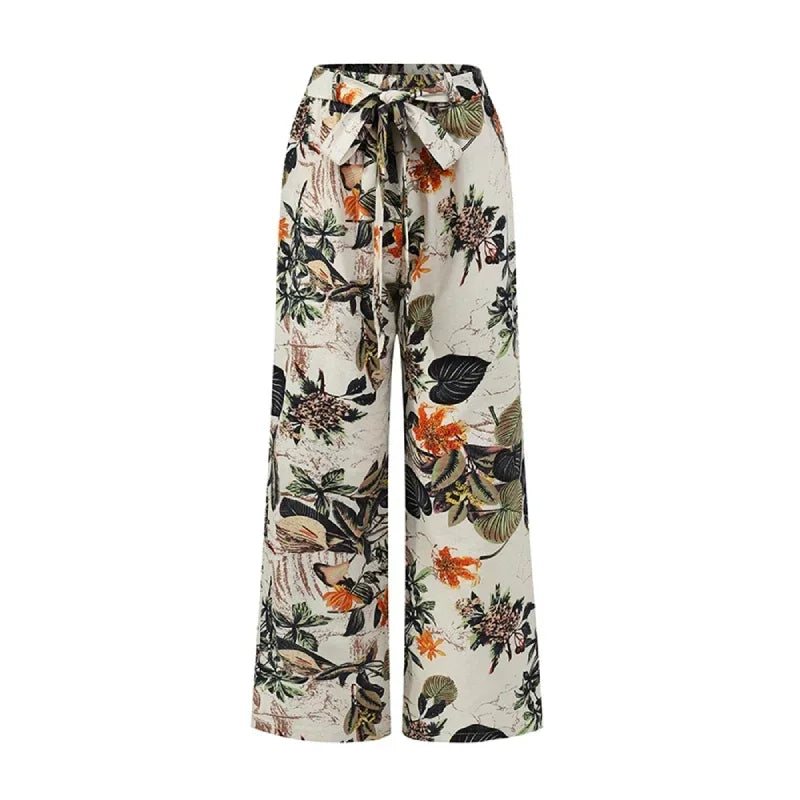 High Waist Drawstring Straight Women Pants 2024 Spring Fashion Loose Trousers Vintage Printed Casual Ladies Wide-Leg Long Pant