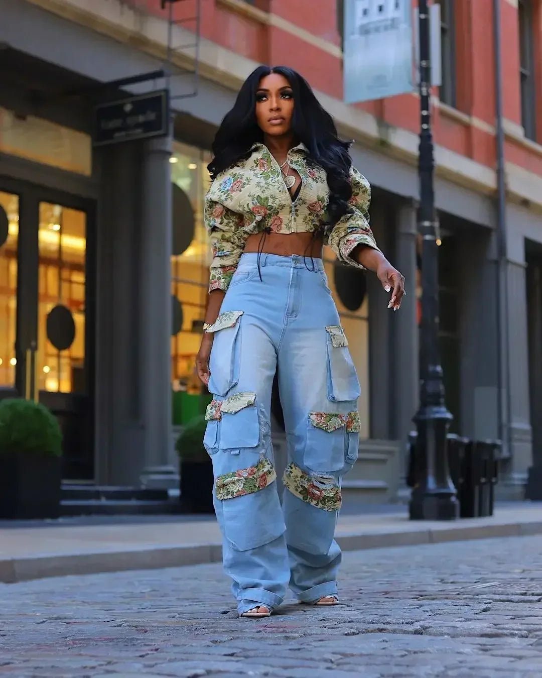 Washed Jeans Women's Set Full Sleeve Floral Jacket and Pockets Cargo Jeans Pants Suit 2025 Street Two 2 Piece Set Outfit