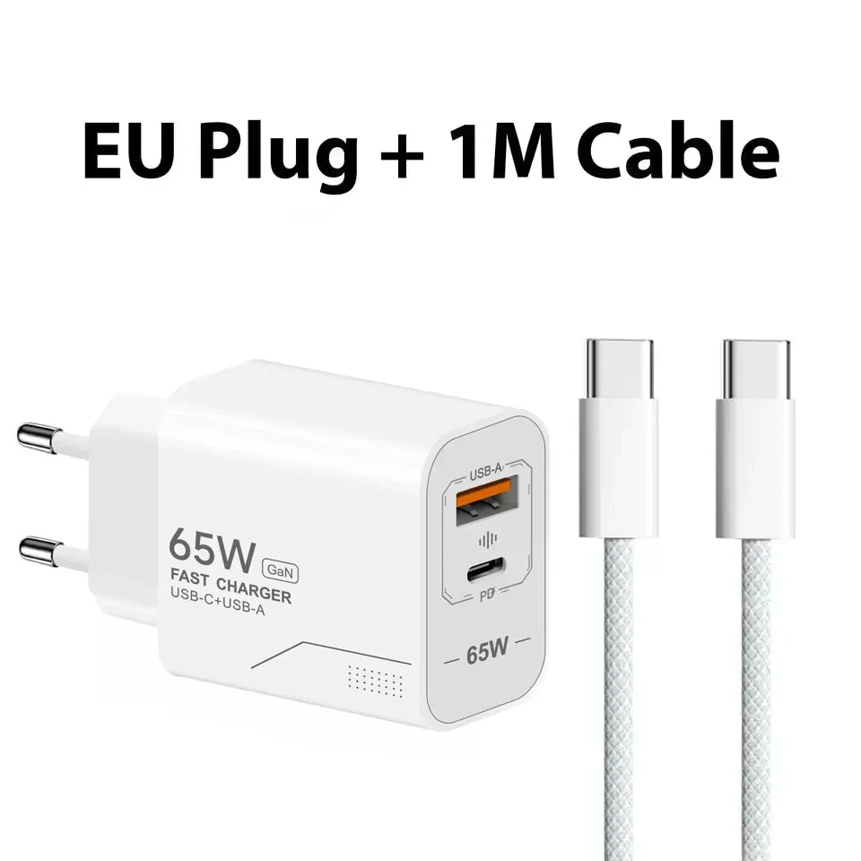 USB PD65W GaN Charger 2-Port Fast Charging Charger Type C High Speed Charge Mobile Phone Wall Adapter For Phone EU/US Charger