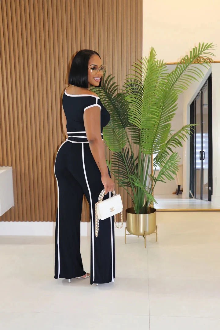 Casual Women's Solid Color Set with Diagonal Shoulders and Wide Legs, Two Piece Set, Summer 2025