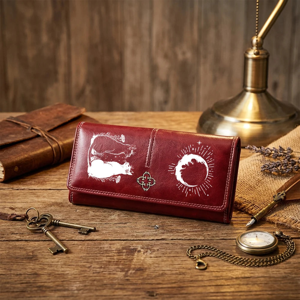 Gothic Moon Black White Cat Leather Wallet Luxury Long Purses for Cards Holder Wallets with Zip Coin Pocket Ladies Handbags