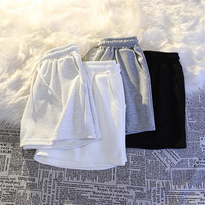 New Arrival Summer Women Casual Shorts High Waist Loose Fit Drawstring Waist Solid Color Hot Pants