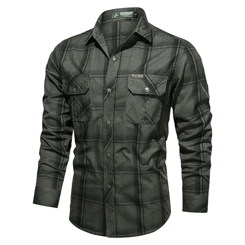 Men Plaid Casual Shirts Male Military Outdoor Loose Multi-pockets Tooling Shirts High Quality Man Large Long-sleeved Shirts 5XL