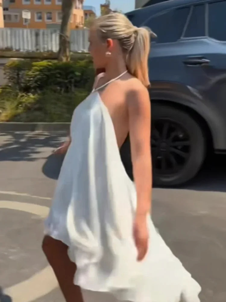 French Romantic White Halter Neck Mini Dress Women Elegant Sleeveless Chiffon High Low Hem Gowns Summer Bridal Shower Party Wear