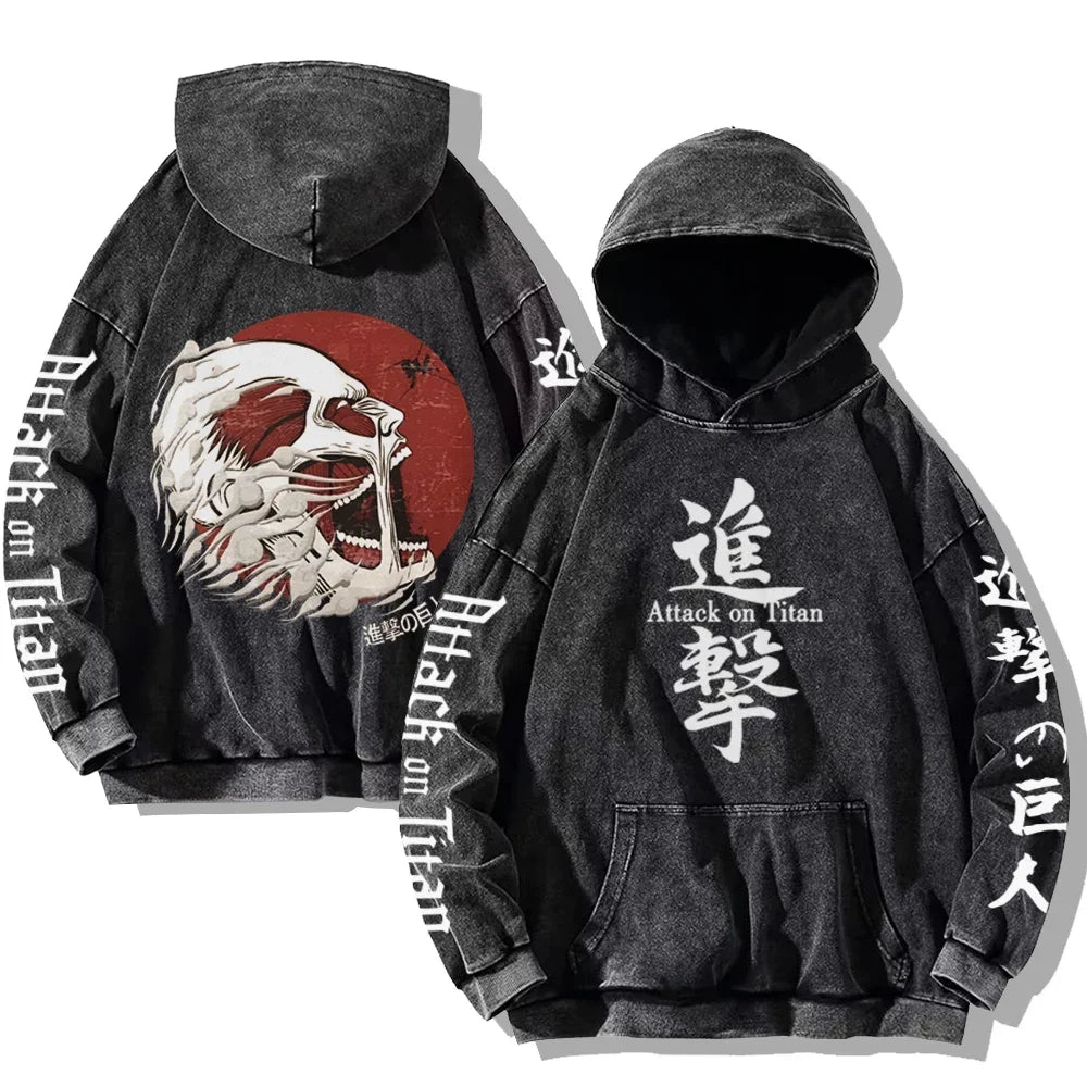 Vintage Washed Men's Hoodies Shield Print Hooded Sweatshirt Hip Hop Streetwear Y2K Hooded Pullover Y2K Loose Casual Tops