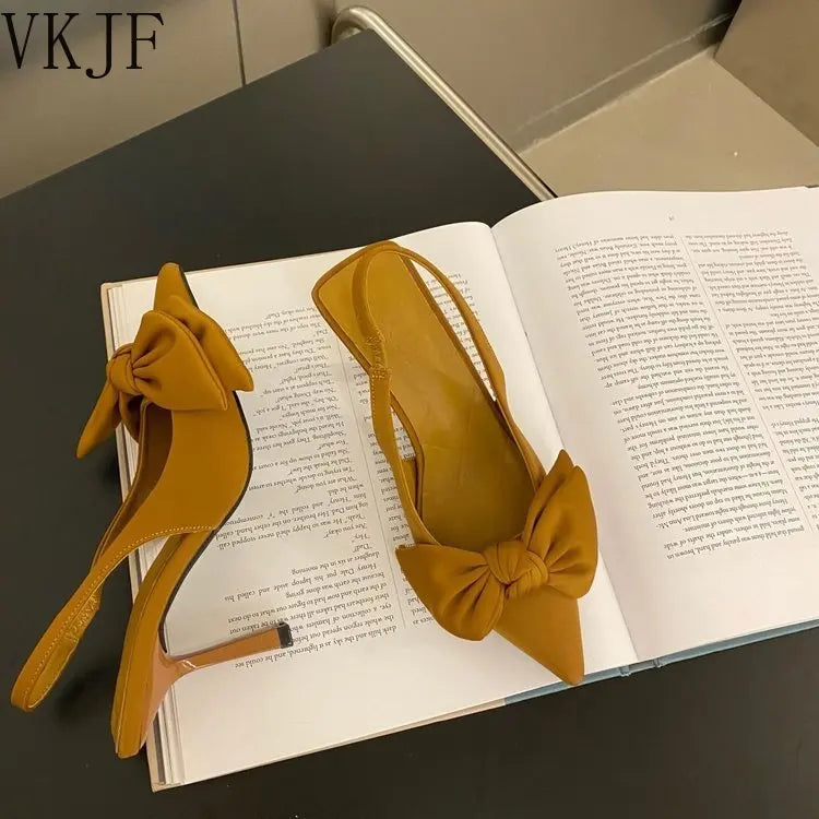 Women Shoes 2024 Spring New Butterfly Knot Women Slingbacks Heels Shoes Sexy Dress Thin Heel Pointed Toe Ladies High Heels Women