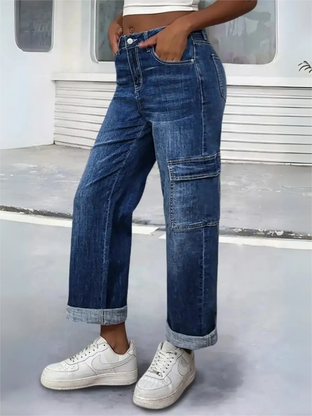 【HME】Jeans | Women Cargo Denim Pants With Side Flap Pockets, Mid‑High Waist Rolled Hem Wide Leg Denim Jeans, Dark Vintage Washed Relaxed Fit Pants For Street Daily Casual Wear