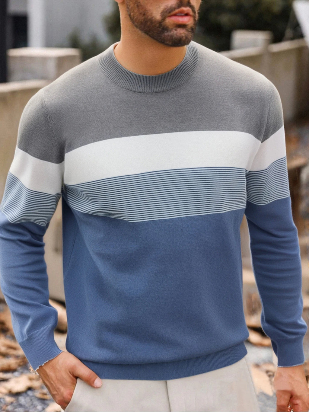 Men Spring Autumn Crew Neck Color Block Horizontal Striped Knit Sweater Long Sleeve Slim Casual Pullover Tops