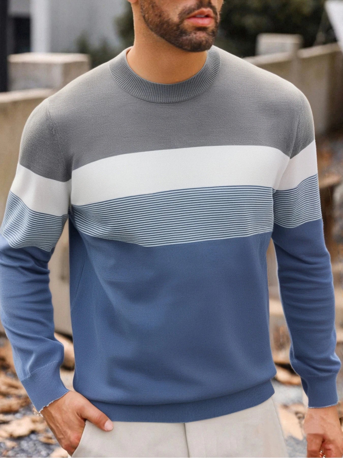 Men Spring Autumn Crew Neck Color Block Horizontal Striped Knit Sweater Long Sleeve Slim Casual Pullover Tops