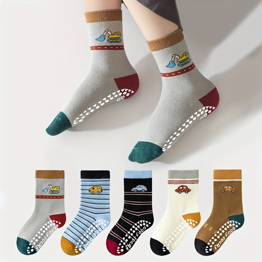5 Pairs of Children's Floor Socks with Cartoon Stripes and Car Patterns, Adhesive Dots, for Boys and Girls, Baby Toddler Soft-Soled Indoor Non-Slip Japanese-Style Versatile Mid-Calf Socks, Suitable for Casual Daily Life