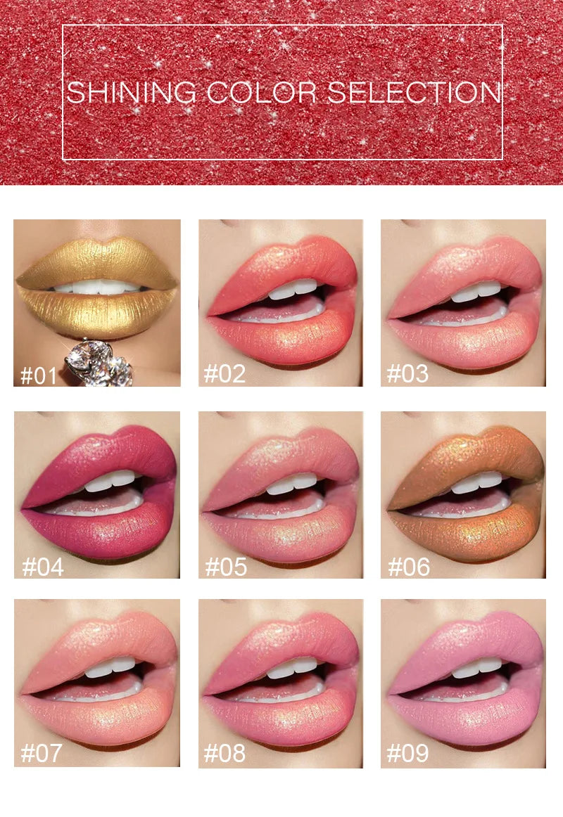 9 Colors Golden Glitter Matte Velvet Nude Metal Lipstick Shimmer Sexy Red Pigments Makeup Long Lasting Waterproof Profissional