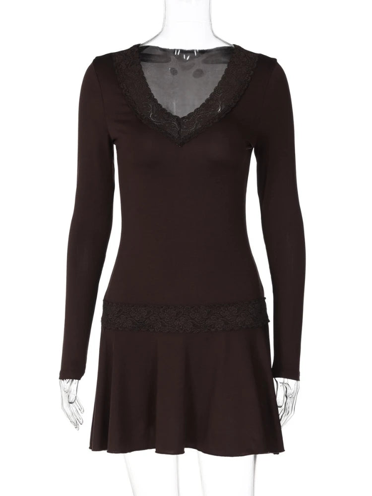 FDYOUI Casual Sexy V-neck Lace Patchwork Mini Dresses Women Long Sleeve Pleated Slim Holiday Dress Party Club Outfit Streetwear