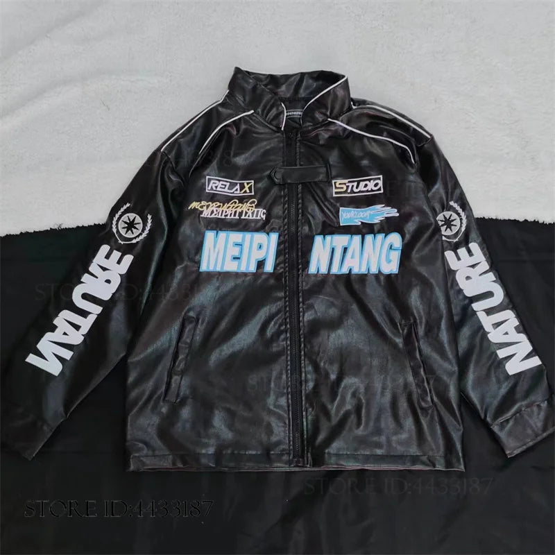 European American Motorcycle Leather Jacket Unisex Embroidered Baseball Jacket Retro Imitation Leather Jacket Coat Streetwear