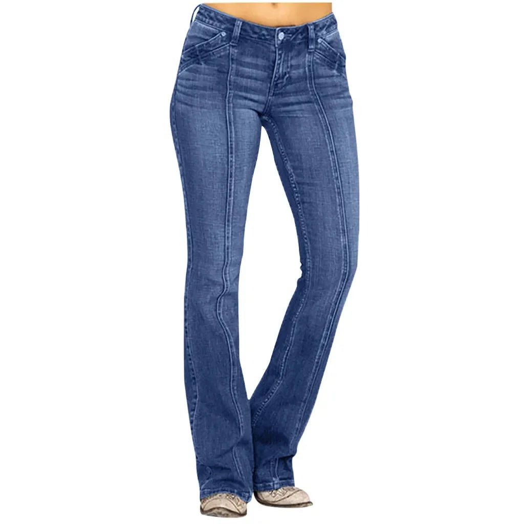 Women'S Jeans Denim Mid Waisted Denim Pants Embroidery Stretch Button Flare Pants Jeans 90s Vintage Clothes For Female