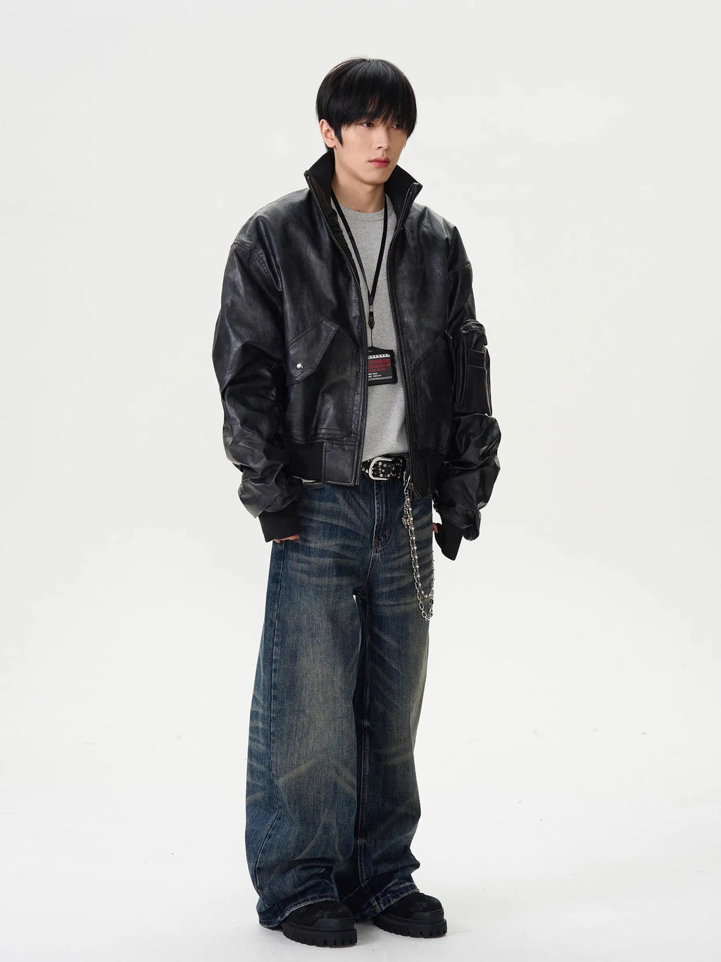 Mauroicardi Spring Autumn Cool Oversized Washed Black Pu Leather Bomber Jacket Men Zip Up Luxury Designer American Style Clothes