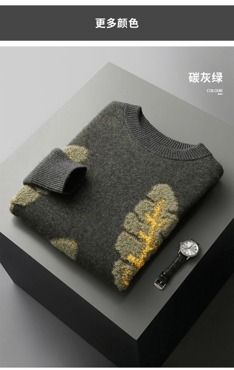 Jacquard Autumn Winter New Cashmere Sweater Men's Round Neck Pullover 100% Merino Wool Knitted Casual Fashion Retro Thicken Top