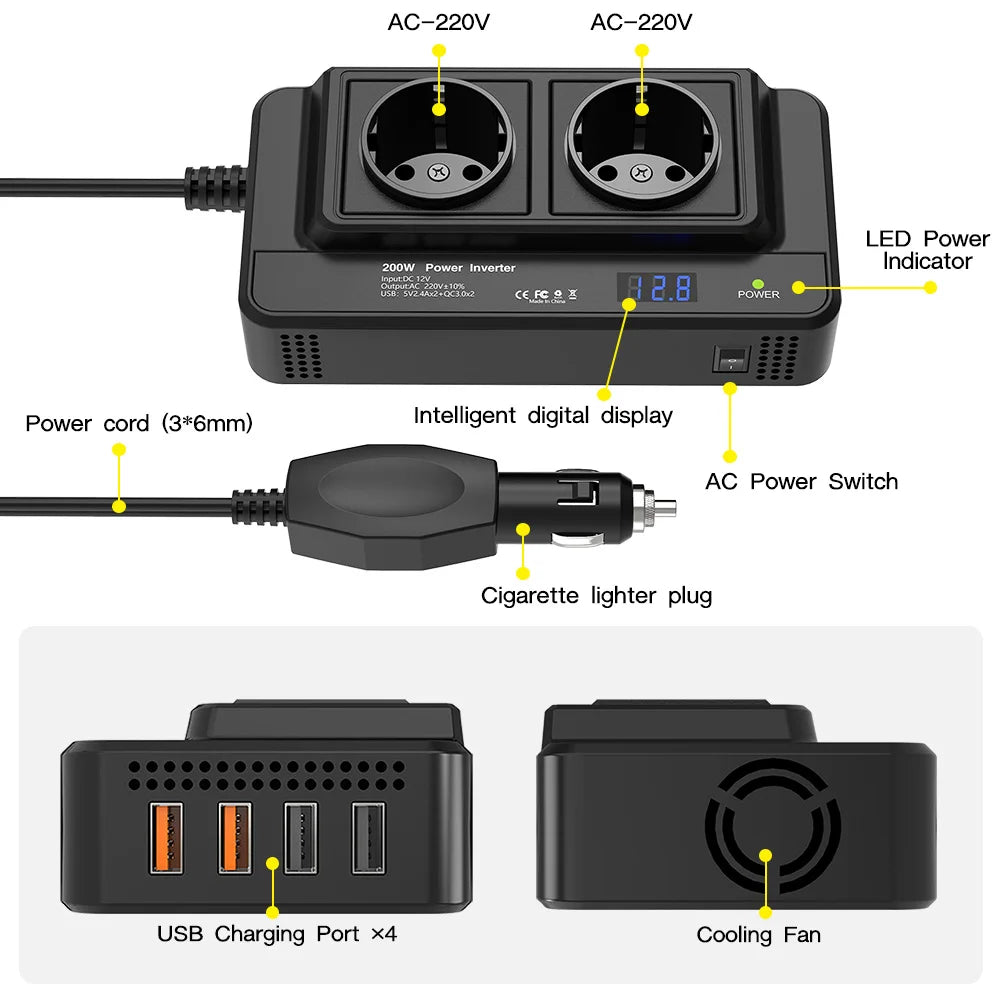 200W vehicle inverter, converting 12V DC to 220V AC, featuring two power sockets and four QC3.0 35W USB ports.