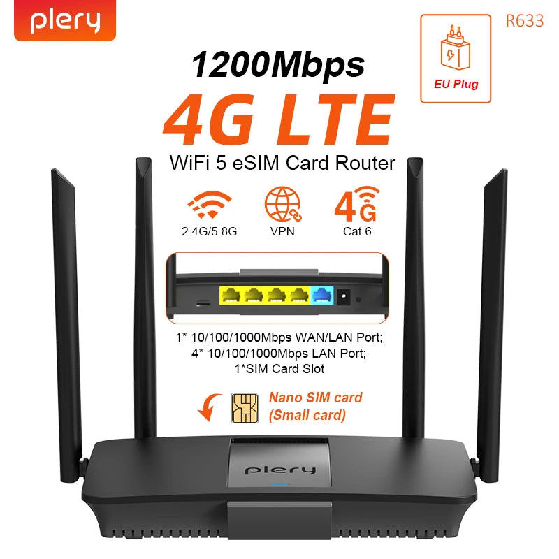 PLERY 1200Mps 4G LTE Router Cat.6 802.11b/g/n/ac 2.4GHz+5.8GHz 4G Outdoor Router+4G Indoor Router 5 g SIM EU Plug For Global