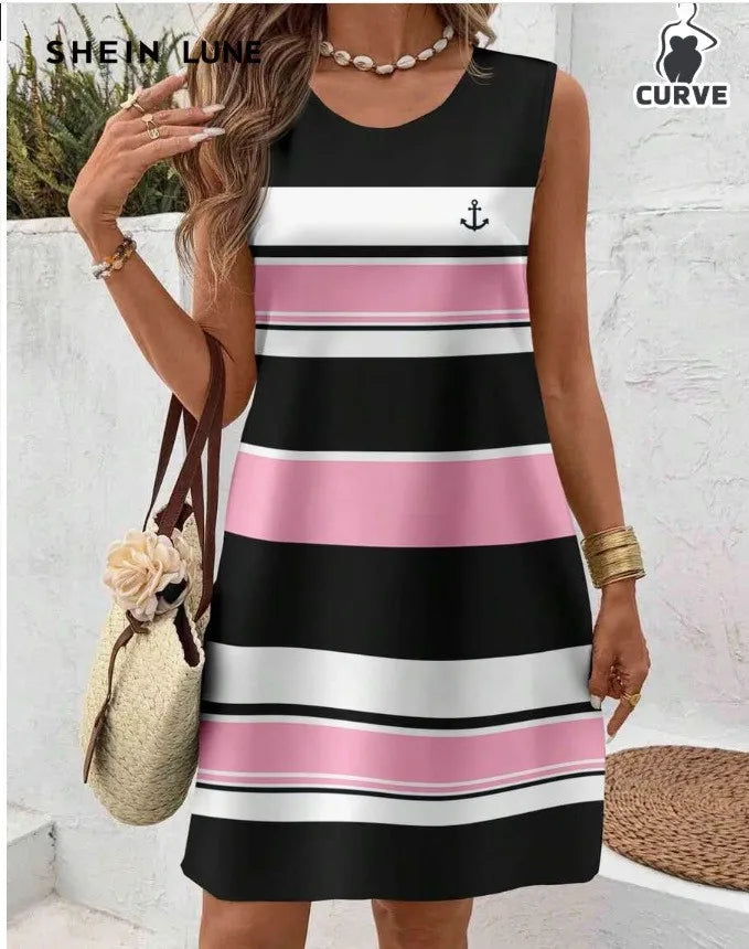 Women's Casual Summer Sleeveless Loose Fit Round Neck Pull On 3D Print Mid Length Dress for Women Beach Hiking Camping Outfits