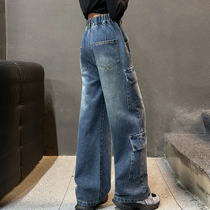 Kids Design Luxury Straight Leg Cargo Jeans with Multi Pocket for Teens Girl Cool Denim Pants Tweens Child Casual Jeans Trousers
