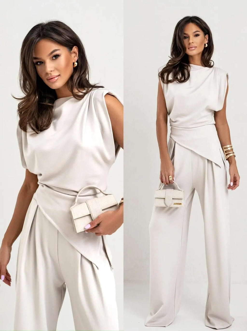 2025 Spring Summer Fashion New Solid Two Piece Set Women Casual Off Shoulder Irregular Top Wide Leg Pants Femme Two Piece Set