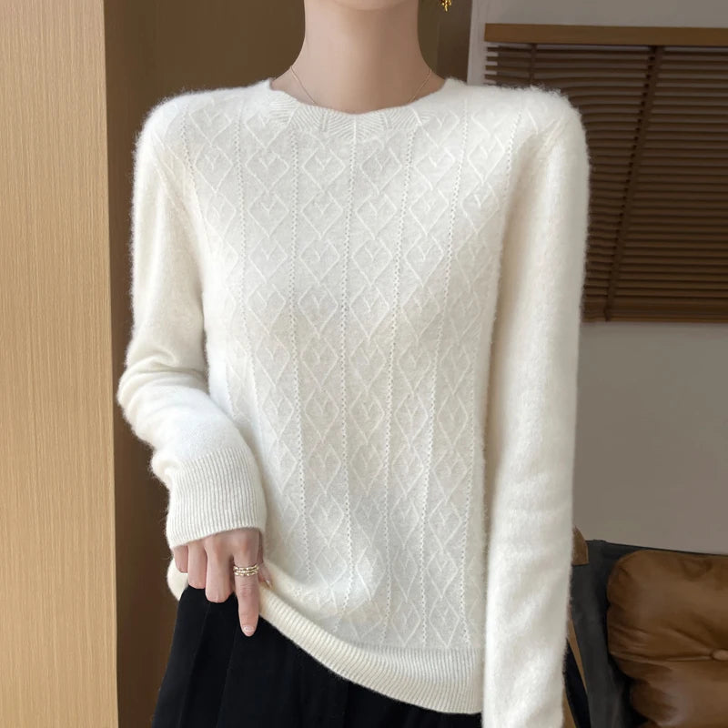Fall/Winter 2024 New Women's Sweater 100% Pure Wool Lotus Collar Solid Color Loose Knitted Cashmere Pullover