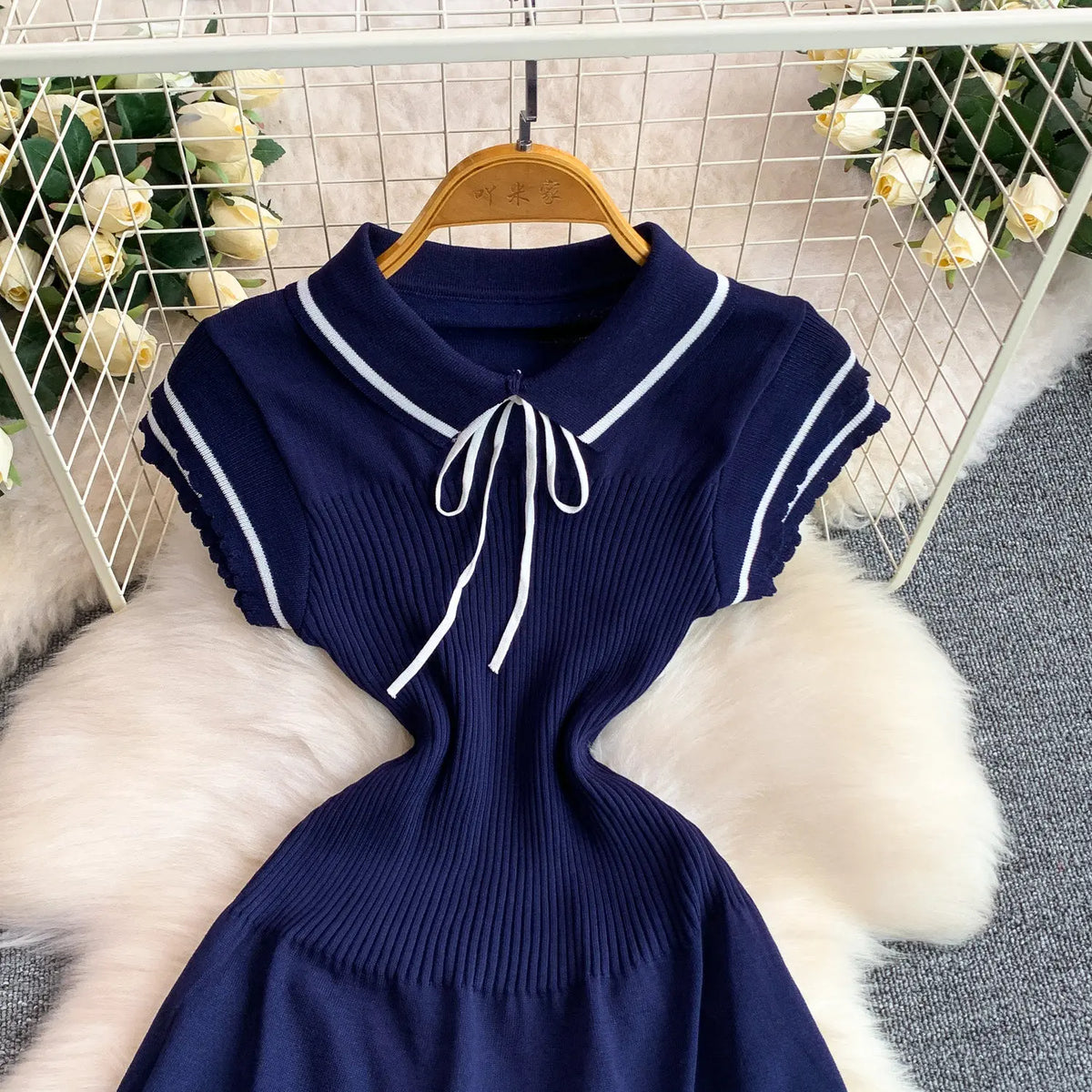 Summer Women Sweet Strechy Sundress Turndown Collar Short Sleeve Knitted Dress Lace Up Bow High Waist A-line Mini Dress