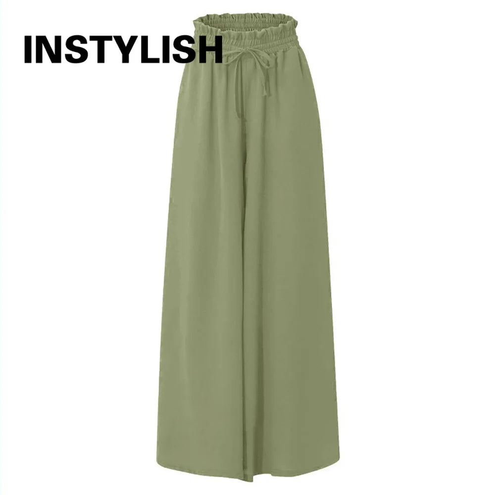 Women Casual Elastic Waist Wide Leg Pants Summer Elegant Drawstring Loose Straight Trouser Elegant Solid Pants Vacation Beach