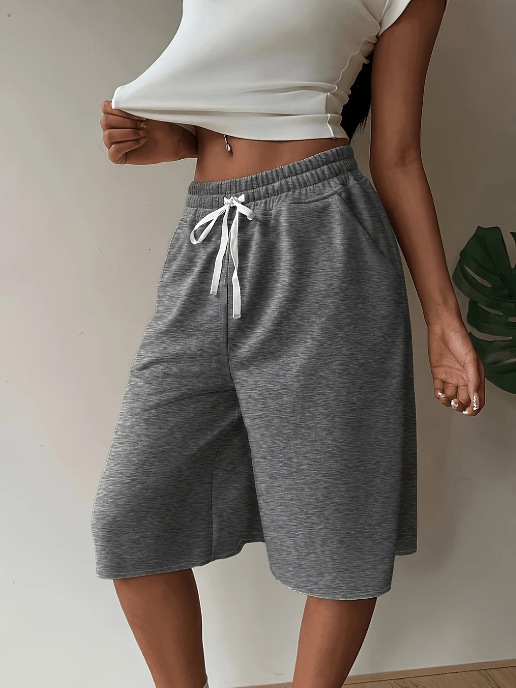 Waist Drawstring Wide-Leg Knee-Length Pants for Women, Summer Lightweight Loose-Fit Casual Shorts