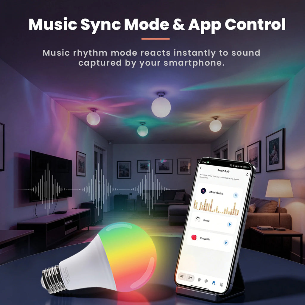 4pcs RGB Multi-Color LED Smart Bulbs, Music Rhythm Sensitive Lights, Low Blue Light Flicker-Free Lamps for Living Room Bedroom