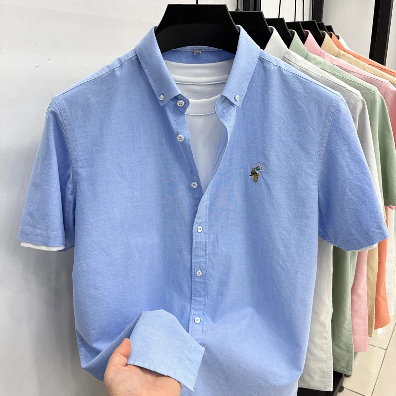 Short Sleeved Shirt Men's Summer New Item Pure Cotton High-end Brand Little Horse Logo Embroidered Casual Shirt