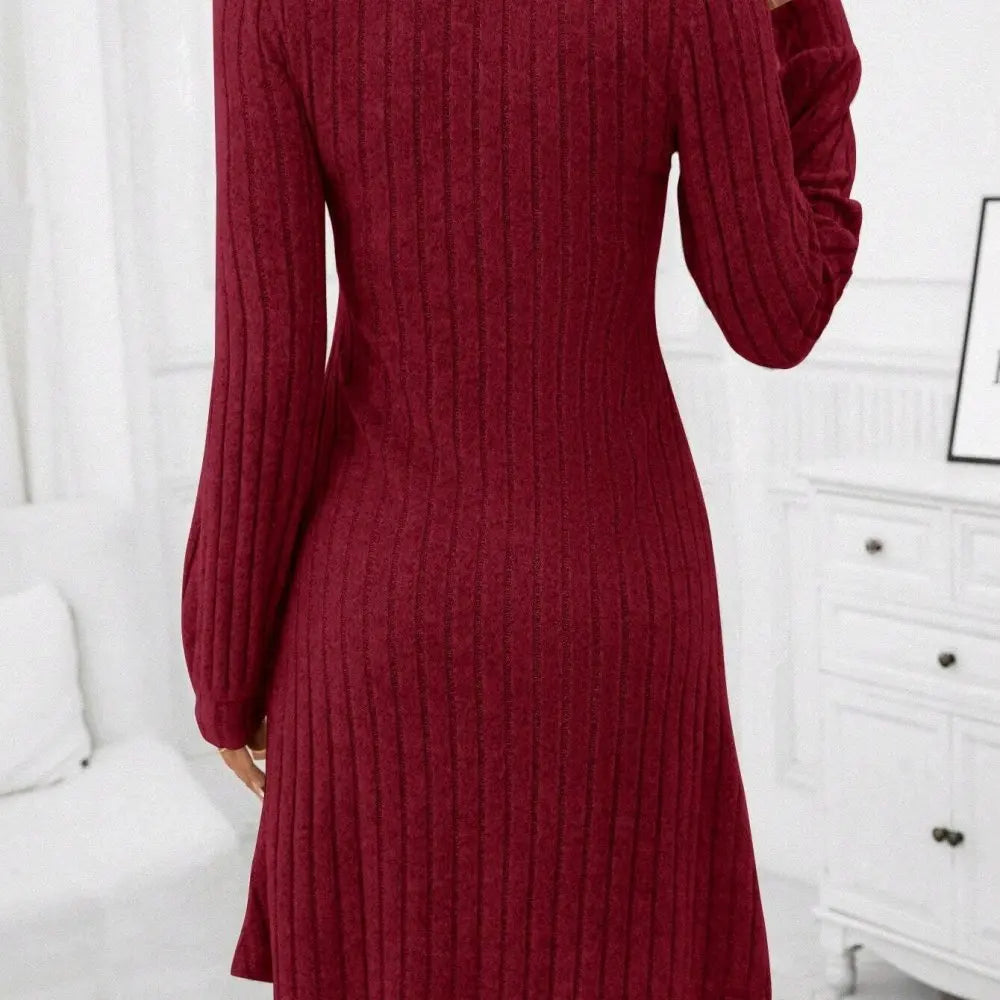 Womens V Neck Brushed Ribbed Knit Dress Long Sleeve Slim Fit Autumn Winter Casual Pullover Solid Color Streetstyle