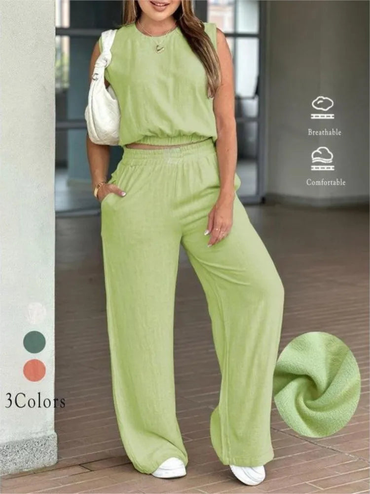 Fashion Ultra-short Sleeveless Top Trousers 2-piece Set Summer New Casual Pocket Loose Wide-leg Trousers Female Office Set 2025