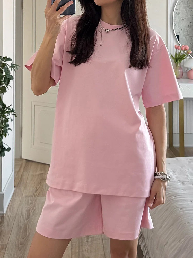 Summer 2 Piece Shorts Set Woman Cotton Brown Oversized T Shirts And Shorts Two Pieces Outfits For Women White Short Sets Pink