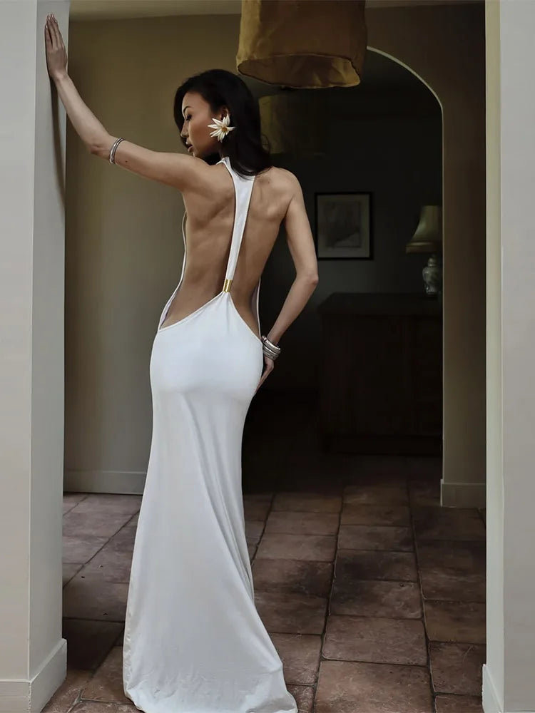 Backless Women Dress Satin Spaghetti Strap Maxi Dresses Back Tail Cowl Drape Front Neck Side Split Hem Elegant Evening Bodycon