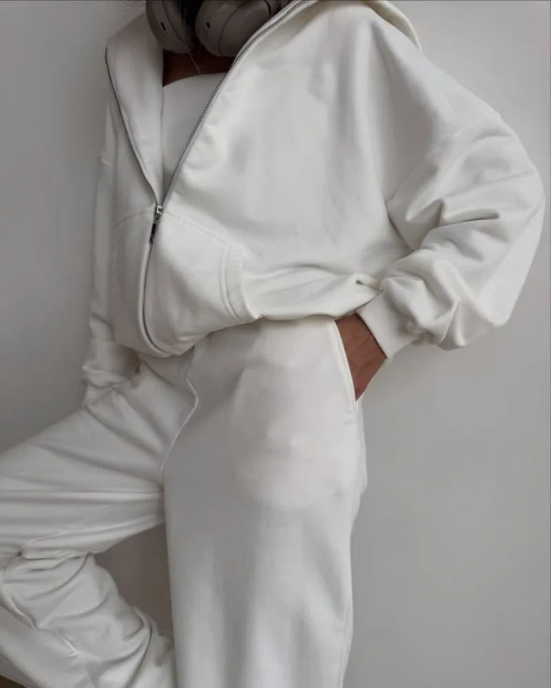 Women's Casual Suit Solid Color Long Sleeve Hooded Cardigan Pocket Sweater Elastic Pants Two-piece Set